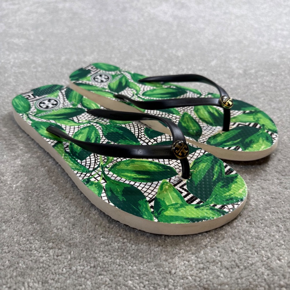 Tory Burch Green Leaf Print Wedge Flip Flop Sandals Womens 11 Estimated Resort